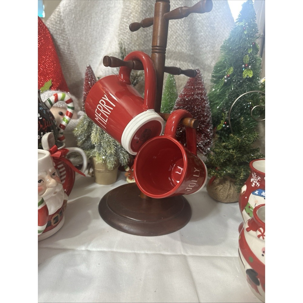 Set of 2 Holiday Coffee Mugs Merry & Jolly Christmas Red